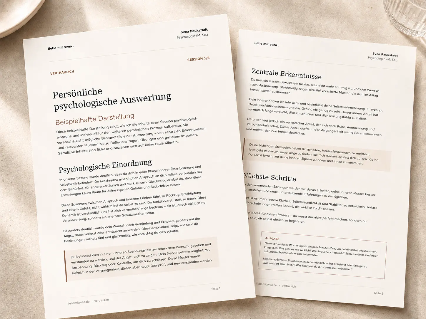 Fiktive, hochwertig aufbereitete psychologische Auswertung als Beispiel für die individuelle Nachbereitung einer Session